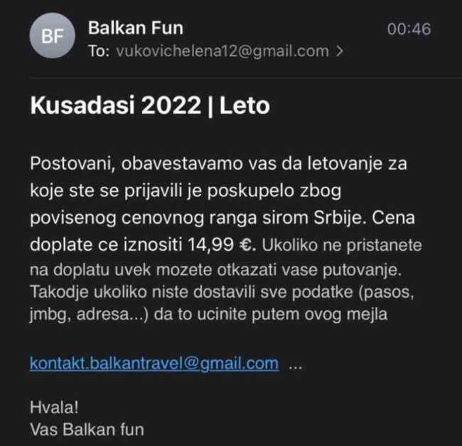 obaveštenje za putnike balkan fun-a u vezi spam mejla